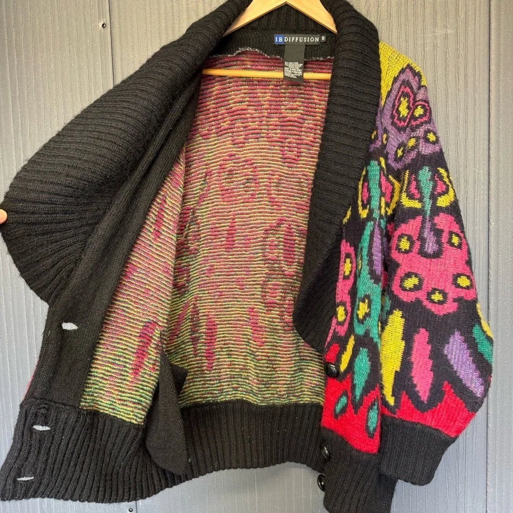 VTG IB DIFFUSION Sweater Cardigan Colorful Pattern Oversized Collar Lapel XS
